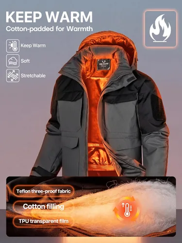 Vista 3 de FREE SOLDIER Chaqueta de esquí impermeable para hombre, abrigo cálido de invierno para nieve, snowboard con múltiples bolsillos, capucha desmontable