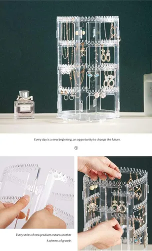 Vista 7 de Cq acrylic Organizador giratorio para aretes de 360 grados, exhibiciones de joyería transparentes, estante para aretes, collar, pulsera, carrusel