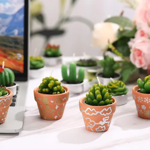 Vista 3 de 12 Piezas Velas de Suculentas Novedosas Hechas a Mano Velas de Té de Cactus Delicadas y Elegantes Velas de Plantas Mini Velas de Cactus