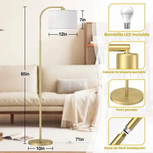 Vista 4 de Lámparas de pie de arco para sala de estar con 3 temperaturas de color, lámpara de pie moderna para leer con bombilla de 9 W incluida, lámpara