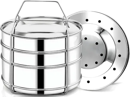 Vista 7 de Sartenes apilables de acero inoxidable de 3 niveles, compatibles con olla instantánea de 6 cuartos de galón, olla en olla, moldes para hornear
