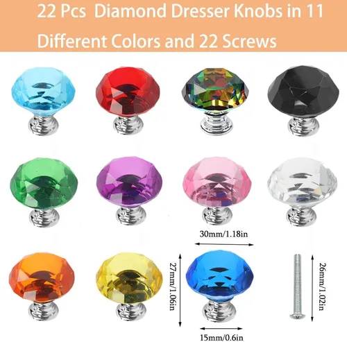 Vista 3 de Paquete de 11 tiradores de cajón de cristal coloridos, tiradores de alacena de vidrio de 30mm con forma de diamante para armario, cocina, baño