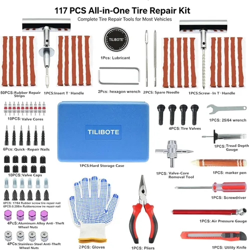 Vista 2 de Kit de reparación de neumáticos TILIBOTE, 117 piezas, kit de tapones de neumáticos resistentes, con kit de parches de neumáticos universal