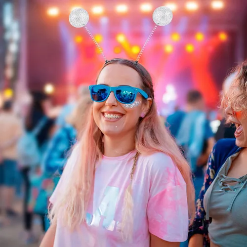 Vista 6 de Diadema de antena alienígena con purpurina holográfica gruesa y adornos de bola, recuerdos de fiesta espaciales plateados para mujeres