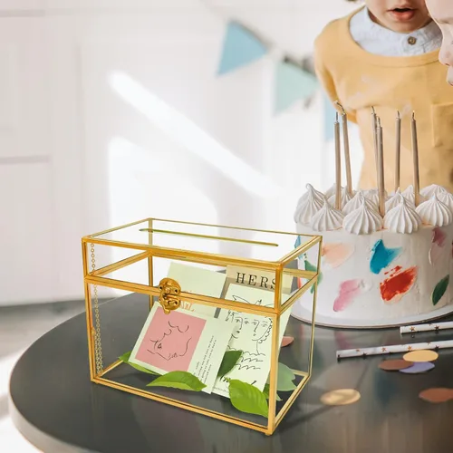 Vista 6 de YIMORENCE V Tarjetero de cristal dorado – Caja de sobres de boda con forma rectangular con ranura y pie, perfecto para recepción y centro de mesa