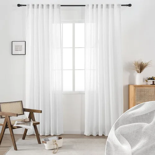Vista 26 de 2 paneles de cortinas de lino transparente natural de 45 pulgadas, color beige para ventanas pequeñas, bolsillo con pestaña trasera, cortinas cortas