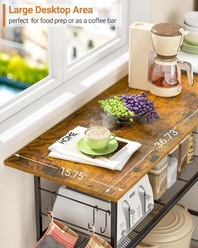 Vista 7 de Isla de cocina con 3 estantes, carrito de cocina rodante con 6 ganchos y estante protector, soporte de microondas con ruedas bloqueables, estante