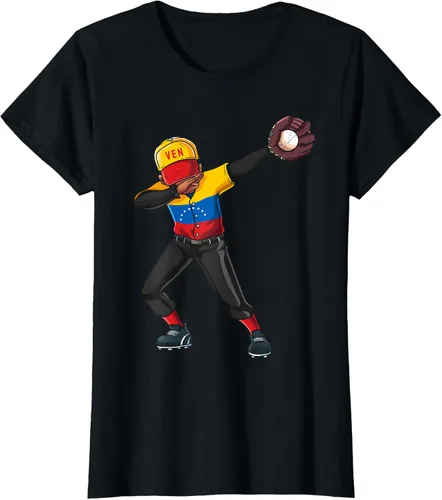 Vista 45 de Baseball Dabbing Venezuela Player Catcher Pitcher Hombres Niños Camiseta, Negro
