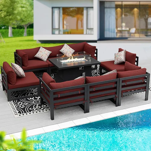 Vista 17 de BULEXYARD - Sofá modular de aluminio para exteriores con mesa para fogata, 7 piezas, color verde azulado