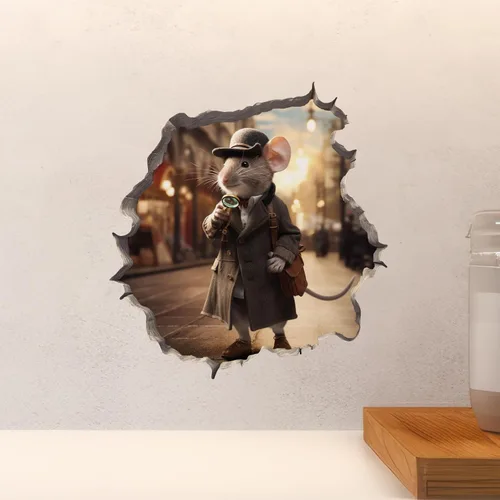 Vista 4 de Detective Sherlock Holmes Mouse in Mouse Hole Calcomanía de pared 3D