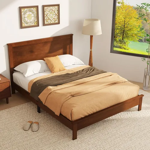 Vista 10 de KOMFOTT Armazón de Cama de Plataforma de Madera Tamaño Twin con Cabecero, Cama de Plataforma de Madera de Mediados del Siglo con Soporte de Listones