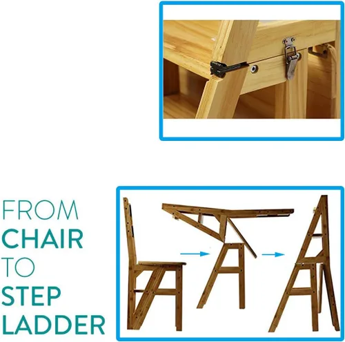 Vista 3 de JHome Taburetes elevadores de escalera de 4 escalones, madera maciza, escalera plegable transformable para el hogar, cocina, silla plegable de doble