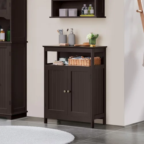 Vista 4 de Topeakmart Armario de madera con puertas duraderas y estantes ajustables, armario interior de madera independiente para baño/sala de estar/pasillo