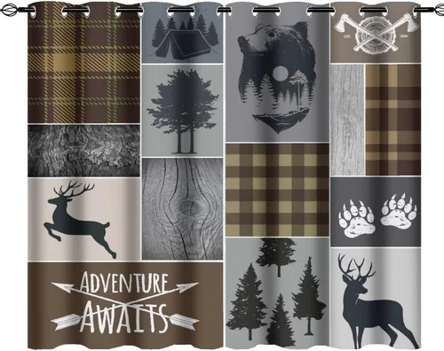 Vista 30 de Cortinas opacas rústicas de cabaña con osos y ciervos - Juego de cortinas de ventana con ojales de temática de granja abstracta, caza, animal