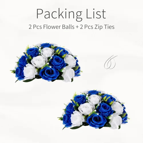 Vista 8 de Bolas de flores para centros de mesa, rosas de boda, 2 bolas de rosas artificiales con base, bola de flores falsas azul real, bola de beso, floral