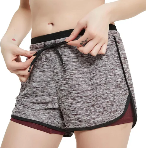 Vista 5 de Riboom - Pantalones cortos de doble capa para mujer, para entrenamiento, fitness, correr, yoga, gimnasio, deportes.