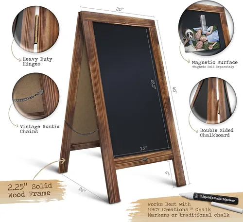 Vista 2 de Cartel en forma de "A" con pizarra de HBCY Creations: Letrero de madera maciza de 40x20 en forma de "A", pizarra rústica marrón de doble cara