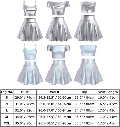 Vista 6 de Disfraz de alienígena para mujer, top corto metálico brillante y minifalda holográfica de dos piezas, disfraz de rave para Halloween y cosplay