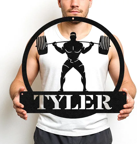 Vista 10 de Cartel de metal personalizado para gimnasio con nombre, arte de pared para sala de entrenamiento en casa, garaje, espacio de fitness, decoración
