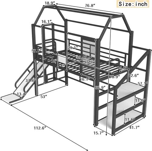 Vista 2 de Bellemave Cama Loft de Metal Tipo Casa Tamaño Twin con Tobogán y Escaleras, Marco de Cama Loft Casa de Juegos de Servicio Pesado con Estantes