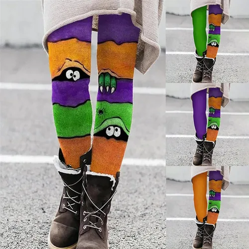 Vista 5 de sdbrld Leggings de Halloween para mujer, talla grande, suaves, novedosos, con diseño de calabaza, estampado de rayas, ajustados, pantalones de yoga