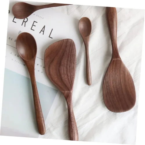 Vista 3 de SHERCHPRY Juego de 5 cucharas de madera de nogal negro para servir, cucharón de arroz con miel, herramienta de cocina