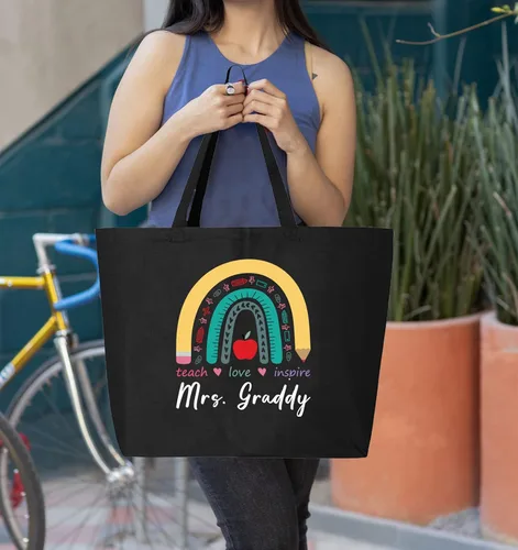Vista 2 de shop4ever Bolso de compras reutilizable personalizado personalizado para profesor enseñar amor inspirar arco iris jumbo de lona pesada