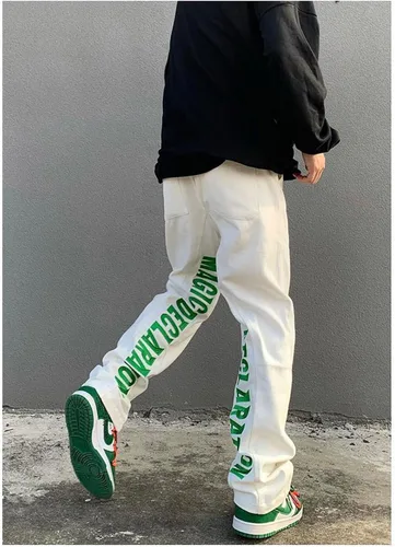 Vista 2 de MEOKIM Pantalones de mezclilla bordados con letras góticas, estilo callejero Harajuku, sueltos, hip-hop, recto, tubo para hombre