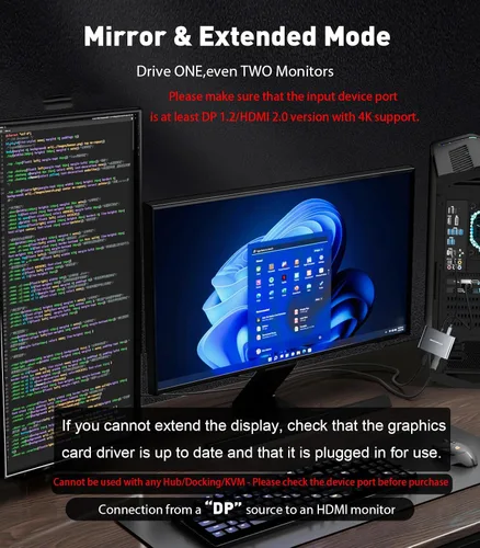 Vista 4 de Adaptador DisplayPort a HDMI dual [4K @60Hz] Divisor DP a HDMI, pantalla extendida de 1 en 2 salidas, convertidor de fuente macho DP para monitores