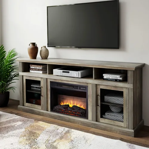 Vista 11 de Cheerway Soporte de TV con chimenea 3D para televisores de hasta 65 pulgadas, mesa de centro de entretenimiento multimedia de madera y gabinetes