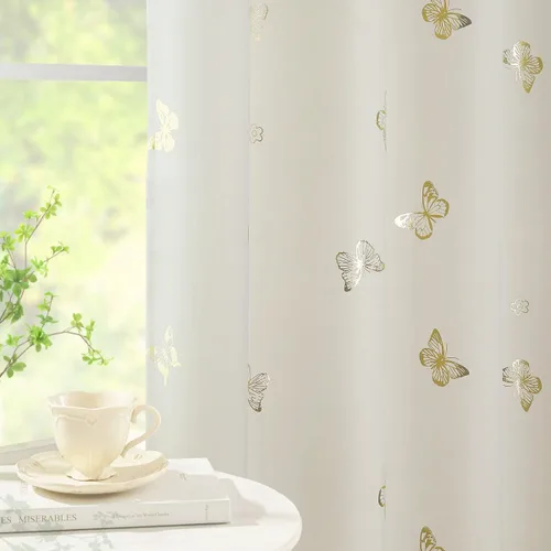 Vista 13 de Jubilantex - Cortinas opacas con diseño de mariposa dorada, 80 % rosa bebé Cortinas opacas 80% rosa lavanda/rosa bebé, estampado de mariposa