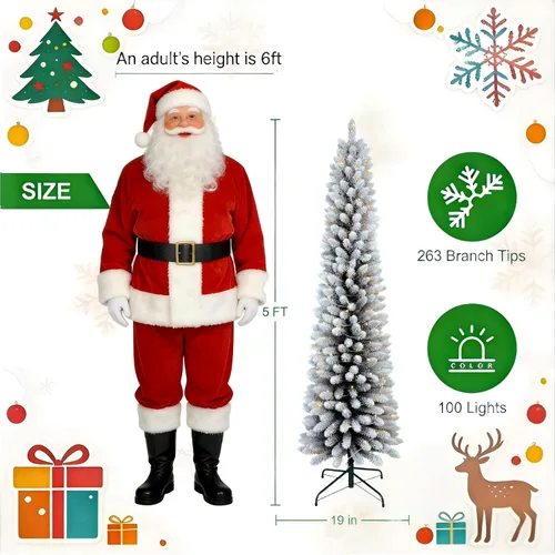 Vista 3 de Árbol de Navidad artificial de 5 pies con lápiz, para el hogar, oficina, decoración de vacaciones, árbol flocado blanco para espacios pequeños