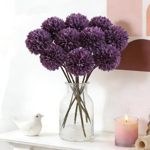 Vista 12 de Mini flores artificiales de crisantemo, 10 tallos de pompón sintético para arreglos de jarrón, decoración del hogar (beige)