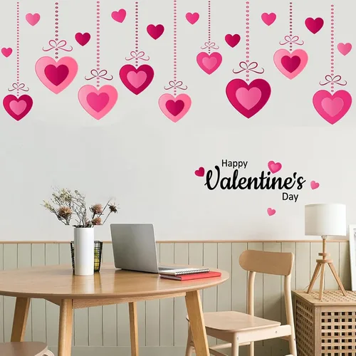 Vista 6 de Calcomanías de pared rosa para el día de San Valentín, calcomanías colgantes de corazón para despegar y pegar, decoración romántica de pared