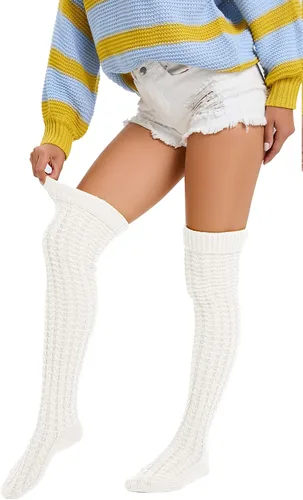 Vista 4 de YELAIVP Calcetines altos hasta el muslo para mujer, por encima de la rodilla, calcetines largos y cálidos, calentadores de piernas