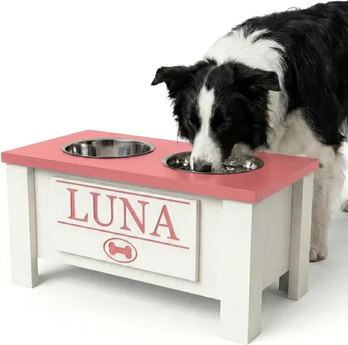 Vista 30 de GTW Soporte de Cuenco Elevado Personalizado para Perros Grandes, Medianos, Pequeños y Extra Pequeños - Cuencos de Acero Inoxidable para Comida