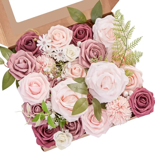 Vista 30 de Serwalin - Flores artificiales color rosa polvoriento, decoración del hogar para boda