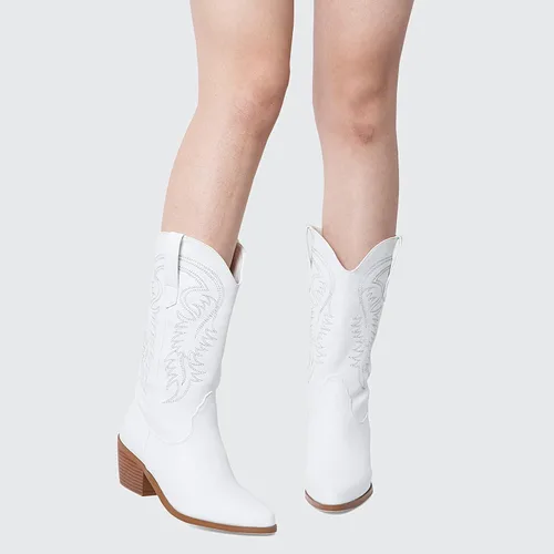 Vista 4 de AMINUGAL Botas vaqueras para mujer, botas vaqueras de media pantorrilla, punta puntiaguda, tacón grueso, bordadas, botas occidentales para mujer