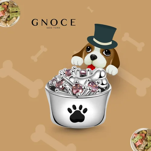Vista 2 de GNOCE Abalorio de plata de ley 925 con forma de cuenco de comida para mascotas, se adapta a pulseracollar, regalo de joyería para mujeres, niñas