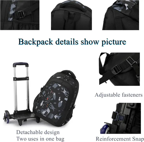 Vista 4 de EKUIZAI Mochila negra con ruedas para niños, mochila con ruedas, Rueda Azul-6
