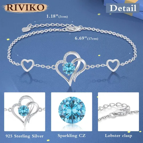 Vista 4 de RIVIKO Pulsera con dije de corazón para mujer, plata de ley 925 con circonitas, eslabones ajustables para madre, esposa, hermana, cumpleaños