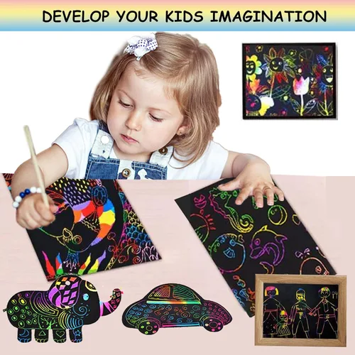 Vista 2 de Arte de papel para rascar para niños, juego de 100 piezas de arte de papel mágico arcoíris para rascar negro, arte y manualidades para niños de 3 a