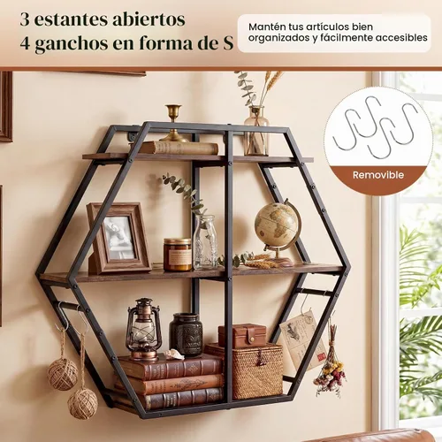 Vista 7 de Tangkula Estante hexagonal de pared, estantería geométrica de 3 niveles con 4 ganchos en forma de S y marco de metal resistente, estante
