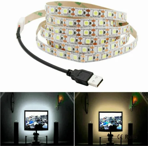 Vista 2 de ausuky Tira de luz LED USB de 5 V, lámpara de retroiluminación de TV blanca, cable de cinta flexible autoadhesiva (blanco cálido, 19.7 in, 30 leds)