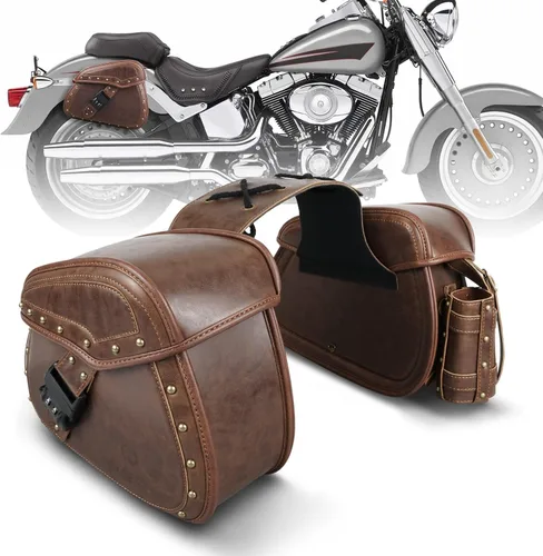 Vista 9 de Bolsas de sillín para motocicleta NICECNC, bolsas de sillín de cuero sintético, correas reforzadas y pieza de sillín, con portavasos y cerradura