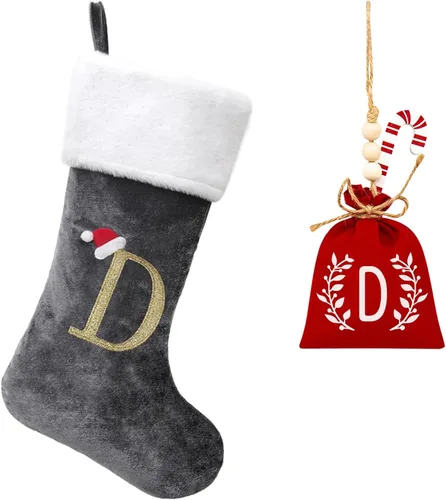 Vista 151 de Calcetines de Navidad bordados de 20 pulgadas con monograma, terciopelo negro con puño de felpa blanca supersuave, adornos clásicos para decoración