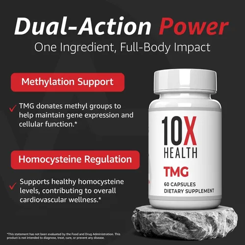 Vista 3 de Suplementos TMG de 10X Health - Suplemento de trimetilglicina para el apoyo al hígado, bienestar del corazón, energía, niveles de homocisteína