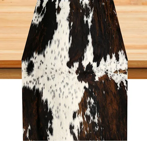 Vista 39 de Camino de mesa con estampado de piel de vaca, lino y algodón, rústico, estilo occidental, color negro, marrón, piel de vaca, para decoración