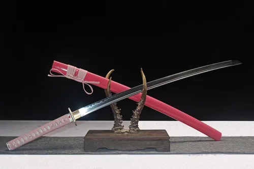 Vista 3 de Katana samurái funcional de espiga completa de 41 pulgadas, hecha a mano japonesa T10, acero al carbono, arcilla templada, espada rosa real Hamon