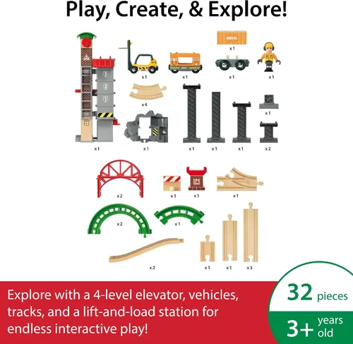Vista 5 de BRIO World Lift & Load Warehouse Set - Juego de tren de madera de 32 piezas, funciona con todos los juegos de ferrocarriles de madera, incluye
